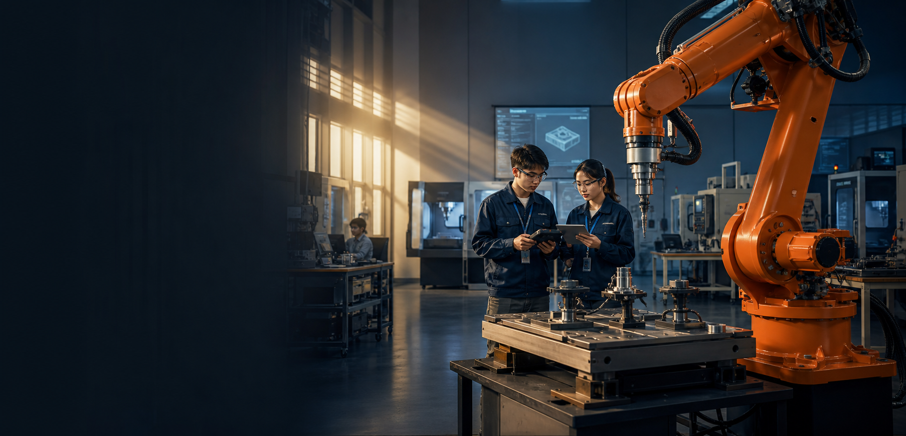 Mechanical engineering students working in a robotics laboratory